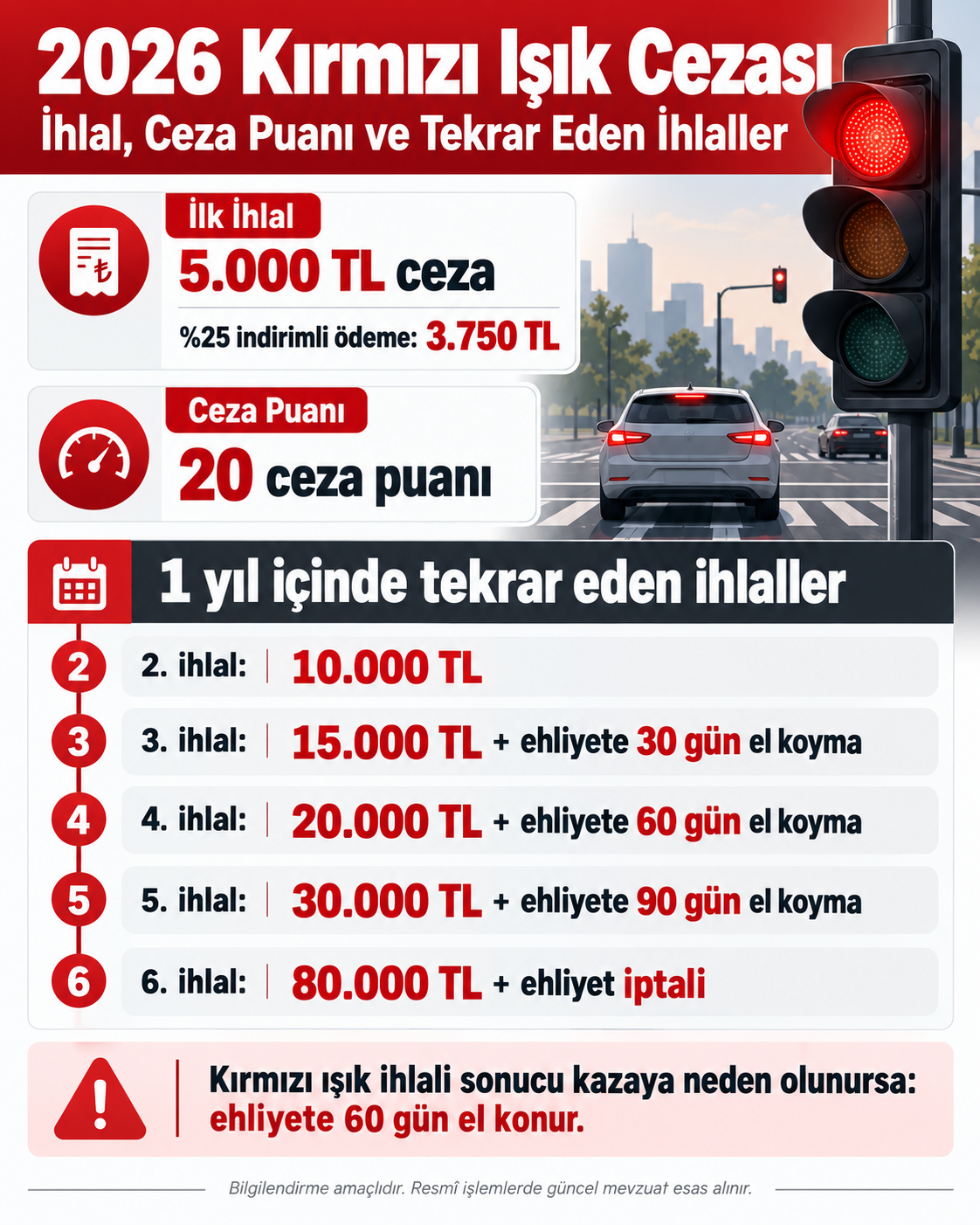 2026 Kırmızı Işık Cezası: İhlal, Ceza Puanı ve Tekrar Eden İhlaller